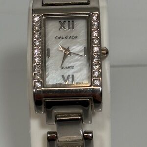 Cote d’Azur Silver Rhinestone Tank Watch Mother of Pearl Dial New Battery